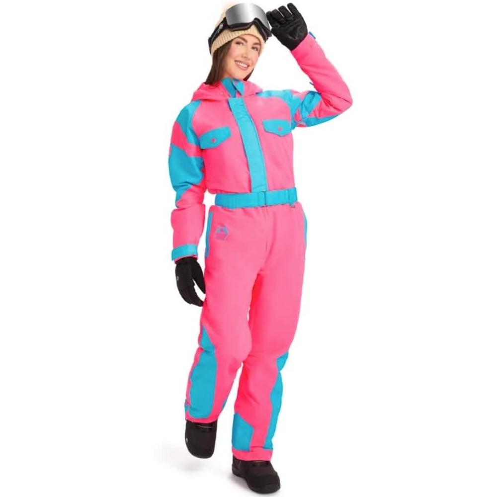 Tipsy Elves Womens Neon Pink Blue Ski Suit Retro One Piece Snow Suit Small NWT